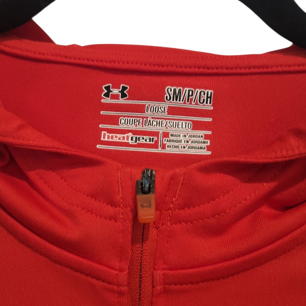 Under Armour Running Shirt Men Medium Red 1/4 Zip Hoodie Heat Gear Pullover - Picture 4 of 4